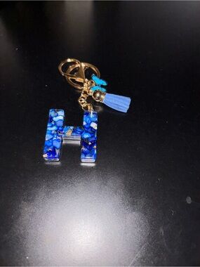 Charm/Keychain-Blue & Gold Resin Initial "H” with Tassel & Butterfly 🦋